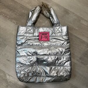 Justice Metallic Silver Puffer Tote Bag Hot Pink Interior
